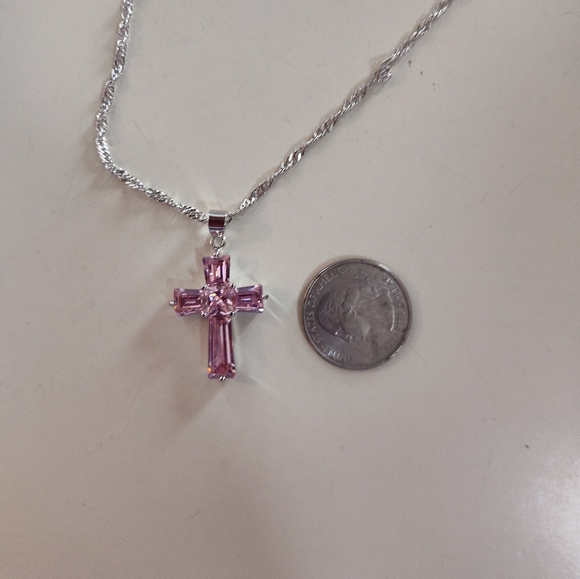 Religious -  New Pink Sapphire Cross Necklace - Picture 4 of 4
